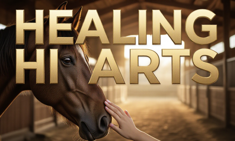 A viral, hyper-realistic YouTube thumbnail with a Lifestyle atmosphere. The background is a soft-focus wooden stable interior with Warm Sunlight filtering through dust motes. The composition uses a Macro Shot to focus on the main subject: a detailed close-up of a horse's gentle eye and a human hand resting on its nose. The image features massive 3D typography with strict hierarchy: The Primary Text reads exactly: 'HEALING HEARTS'. This text is massive, the largest element in the frame, rendered in Soft Gold Metal to look like a high-budget 3D render. The Secondary Text reads exactly: 'Grand Valley'. This text is significantly smaller, positioned below or next to the main text. It features a thick, distinct color border/outline (sticker style) to contrast against the background. Make sure text 2 is always different theme, style, effect and border compared to text 1. The text materials correspond to the story's concept. Crucial Instruction: There is absolutely NO other text, numbers, watermarks, or subtitles in this image other than these two specific lines. 8k, Unreal Engine 5, cinematic render