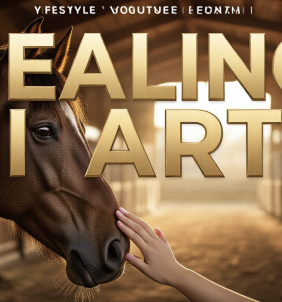 A viral, hyper-realistic YouTube thumbnail with a Lifestyle atmosphere. The background is a soft-focus wooden stable interior with Warm Sunlight filtering through dust motes. The composition uses a Macro Shot to focus on the main subject: a detailed close-up of a horse's gentle eye and a human hand resting on its nose. The image features massive 3D typography with strict hierarchy: The Primary Text reads exactly: 'HEALING HEARTS'. This text is massive, the largest element in the frame, rendered in Soft Gold Metal to look like a high-budget 3D render. The Secondary Text reads exactly: 'Grand Valley'. This text is significantly smaller, positioned below or next to the main text. It features a thick, distinct color border/outline (sticker style) to contrast against the background. Make sure text 2 is always different theme, style, effect and border compared to text 1. The text materials correspond to the story's concept. Crucial Instruction: There is absolutely NO other text, numbers, watermarks, or subtitles in this image other than these two specific lines. 8k, Unreal Engine 5, cinematic render