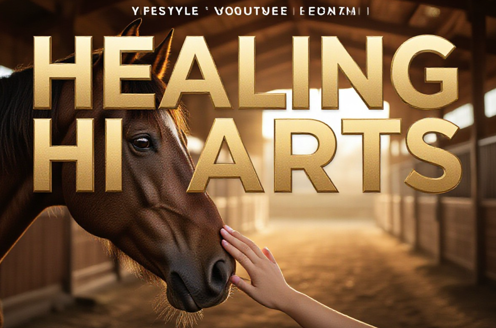 A viral, hyper-realistic YouTube thumbnail with a Lifestyle atmosphere. The background is a soft-focus wooden stable interior with Warm Sunlight filtering through dust motes. The composition uses a Macro Shot to focus on the main subject: a detailed close-up of a horse's gentle eye and a human hand resting on its nose. The image features massive 3D typography with strict hierarchy: The Primary Text reads exactly: 'HEALING HEARTS'. This text is massive, the largest element in the frame, rendered in Soft Gold Metal to look like a high-budget 3D render. The Secondary Text reads exactly: 'Grand Valley'. This text is significantly smaller, positioned below or next to the main text. It features a thick, distinct color border/outline (sticker style) to contrast against the background. Make sure text 2 is always different theme, style, effect and border compared to text 1. The text materials correspond to the story's concept. Crucial Instruction: There is absolutely NO other text, numbers, watermarks, or subtitles in this image other than these two specific lines. 8k, Unreal Engine 5, cinematic render