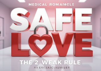 A viral, hyper-realistic YouTube thumbnail with a Medical Romance atmosphere. The background is a Clean Clinical Room with soft pink and red ambient lighting. The composition uses a Macro Shot to focus on the main subject: a Detailed Faceless Heart-Shaped Padlock made of medical-grade steel. The image features massive 3D typography with strict hierarchy: The Primary Text reads exactly: 'SAFE LOVE'. This text is massive, the largest element in the frame, rendered in Glossy Red Chrome to look like a high-budget 3D render. The Secondary Text reads exactly: 'THE 2 WEEK RULE'. This text is significantly smaller, positioned below or next to the main text. It features a thick, distinct white border/outline (sticker style) to contrast against the background. Make sure text 2 is always different theme, style, effect and border compared to text 1.