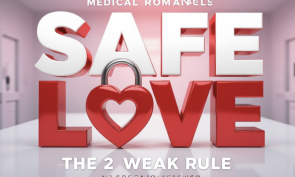 A viral, hyper-realistic YouTube thumbnail with a Medical Romance atmosphere. The background is a Clean Clinical Room with soft pink and red ambient lighting. The composition uses a Macro Shot to focus on the main subject: a Detailed Faceless Heart-Shaped Padlock made of medical-grade steel. The image features massive 3D typography with strict hierarchy: The Primary Text reads exactly: 'SAFE LOVE'. This text is massive, the largest element in the frame, rendered in Glossy Red Chrome to look like a high-budget 3D render. The Secondary Text reads exactly: 'THE 2 WEEK RULE'. This text is significantly smaller, positioned below or next to the main text. It features a thick, distinct white border/outline (sticker style) to contrast against the background. Make sure text 2 is always different theme, style, effect and border compared to text 1.
