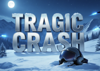 A viral, hyper-realistic YouTube thumbnail with a Somber News atmosphere. The background is a snowy, moonlit mountainside on Emerald Mountain with scattered pine trees and blue emergency strobe lights in the distance. The composition uses a Low Angle to focus on the main subject: a detailed, solitary Pilot's Headset lying in the snow, slightly covered in frost. The image features massive 3D typography with strict hierarchy: The Primary Text reads exactly: 'TRAGIC CRASH'. This text is massive, the largest element in the frame, rendered in Frozen Chrome to look like a high-budget 3D render. The Secondary Text reads exactly: 'CEO & SON KILLED'. This text is significantly smaller, positioned below the main text. It features a thick, distinct red border/outline (sticker style) to contrast against the snowy background. Make sure text 2 is always different theme, style, effect and border compared to text 1.