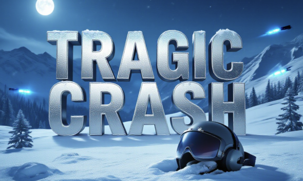 A viral, hyper-realistic YouTube thumbnail with a Somber News atmosphere. The background is a snowy, moonlit mountainside on Emerald Mountain with scattered pine trees and blue emergency strobe lights in the distance. The composition uses a Low Angle to focus on the main subject: a detailed, solitary Pilot's Headset lying in the snow, slightly covered in frost. The image features massive 3D typography with strict hierarchy: The Primary Text reads exactly: 'TRAGIC CRASH'. This text is massive, the largest element in the frame, rendered in Frozen Chrome to look like a high-budget 3D render. The Secondary Text reads exactly: 'CEO & SON KILLED'. This text is significantly smaller, positioned below the main text. It features a thick, distinct red border/outline (sticker style) to contrast against the snowy background. Make sure text 2 is always different theme, style, effect and border compared to text 1.