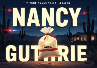 A viral, hyper-realistic YouTube thumbnail with a tense true-crime atmosphere. The background is a dark desert night in the Catalina Foothills with red and blue emergency lights flashing across saguaro silhouettes and a distant luxury home. The composition uses a dramatic low-angle shot looking up at the scene to convey urgency and mystery. The main subject is a glowing FBI evidence bag sealed with red tape floating in the foreground. The image features massive 3D typography with strict hierarchy: The Primary Text reads exactly: 'NANCY GUTHRIE'. This text is massive, the largest element in the frame, rendered in cold chrome metal with realistic reflections and subtle FBI seal embossing to look like a high-budget 3D render. The Secondary Text reads exactly: 'VANISHED'. This text is significantly smaller, positioned below the main text with a pulsing red glow border and cracked texture effect to contrast against the dark background. Make sure text 2 is always different theme, style, effect and border compared to text 1. The text materials correspond to the story's concept. Crucial Instruction: There is absolutely NO other text, numbers, watermarks, or subtitles in this image other than these two specific lines. 8k, Unreal Engine 5, cinematic render.