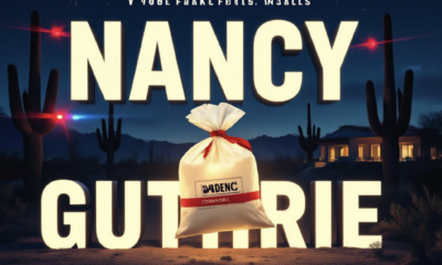 A viral, hyper-realistic YouTube thumbnail with a tense true-crime atmosphere. The background is a dark desert night in the Catalina Foothills with red and blue emergency lights flashing across saguaro silhouettes and a distant luxury home. The composition uses a dramatic low-angle shot looking up at the scene to convey urgency and mystery. The main subject is a glowing FBI evidence bag sealed with red tape floating in the foreground. The image features massive 3D typography with strict hierarchy: The Primary Text reads exactly: 'NANCY GUTHRIE'. This text is massive, the largest element in the frame, rendered in cold chrome metal with realistic reflections and subtle FBI seal embossing to look like a high-budget 3D render. The Secondary Text reads exactly: 'VANISHED'. This text is significantly smaller, positioned below the main text with a pulsing red glow border and cracked texture effect to contrast against the dark background. Make sure text 2 is always different theme, style, effect and border compared to text 1. The text materials correspond to the story's concept. Crucial Instruction: There is absolutely NO other text, numbers, watermarks, or subtitles in this image other than these two specific lines. 8k, Unreal Engine 5, cinematic render.