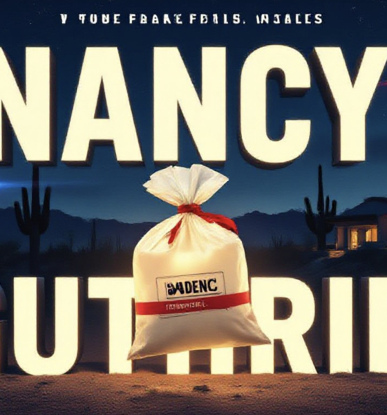 A viral, hyper-realistic YouTube thumbnail with a tense true-crime atmosphere. The background is a dark desert night in the Catalina Foothills with red and blue emergency lights flashing across saguaro silhouettes and a distant luxury home. The composition uses a dramatic low-angle shot looking up at the scene to convey urgency and mystery. The main subject is a glowing FBI evidence bag sealed with red tape floating in the foreground. The image features massive 3D typography with strict hierarchy: The Primary Text reads exactly: 'NANCY GUTHRIE'. This text is massive, the largest element in the frame, rendered in cold chrome metal with realistic reflections and subtle FBI seal embossing to look like a high-budget 3D render. The Secondary Text reads exactly: 'VANISHED'. This text is significantly smaller, positioned below the main text with a pulsing red glow border and cracked texture effect to contrast against the dark background. Make sure text 2 is always different theme, style, effect and border compared to text 1. The text materials correspond to the story's concept. Crucial Instruction: There is absolutely NO other text, numbers, watermarks, or subtitles in this image other than these two specific lines. 8k, Unreal Engine 5, cinematic render.