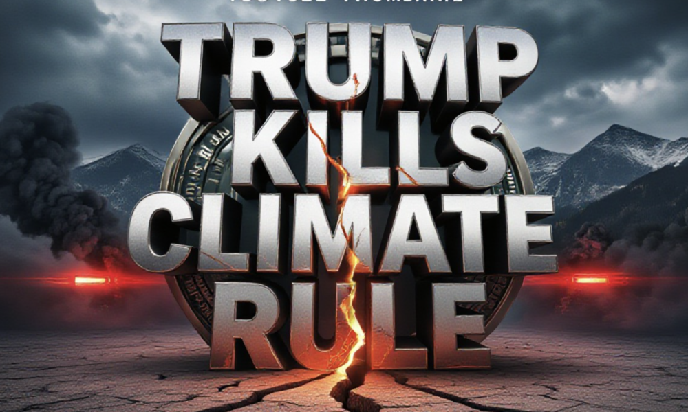 A viral, hyper-realistic YouTube thumbnail with a dramatic political protest atmosphere. The background is a stormy Colorado Rocky Mountains skyline mixed with thick black exhaust smoke billowing across the frame with intense red-orange emergency lighting. The composition uses a low dramatic angle to focus on the main subject: a massive cracked EPA seal emblem splitting in half on cracked dry earth. The image features massive 3D typography with strict hierarchy: The Primary Text reads exactly: 'TRUMP KILLS CLIMATE RULE'. This text is massive, the largest element in the frame, rendered in molten chrome with glowing red cracks to look like a high-budget 3D render. The Secondary Text reads exactly: 'COLORADO FIGHTS BACK'. This text is significantly smaller, positioned below the main text. It features a thick white border with electric blue glow outline to contrast against the background. Make sure text 2 is always different theme, style, effect and border compared to text 1. The text materials correspond to the story's concept. Crucial Instruction: There is absolutely NO other text, numbers, watermarks, or subtitles in this image other than these two specific lines. 8k, Unreal Engine 5, cinematic render