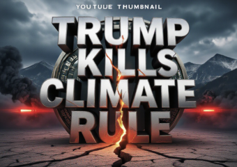 A viral, hyper-realistic YouTube thumbnail with a dramatic political protest atmosphere. The background is a stormy Colorado Rocky Mountains skyline mixed with thick black exhaust smoke billowing across the frame with intense red-orange emergency lighting. The composition uses a low dramatic angle to focus on the main subject: a massive cracked EPA seal emblem splitting in half on cracked dry earth. The image features massive 3D typography with strict hierarchy: The Primary Text reads exactly: 'TRUMP KILLS CLIMATE RULE'. This text is massive, the largest element in the frame, rendered in molten chrome with glowing red cracks to look like a high-budget 3D render. The Secondary Text reads exactly: 'COLORADO FIGHTS BACK'. This text is significantly smaller, positioned below the main text. It features a thick white border with electric blue glow outline to contrast against the background. Make sure text 2 is always different theme, style, effect and border compared to text 1. The text materials correspond to the story's concept. Crucial Instruction: There is absolutely NO other text, numbers, watermarks, or subtitles in this image other than these two specific lines. 8k, Unreal Engine 5, cinematic render