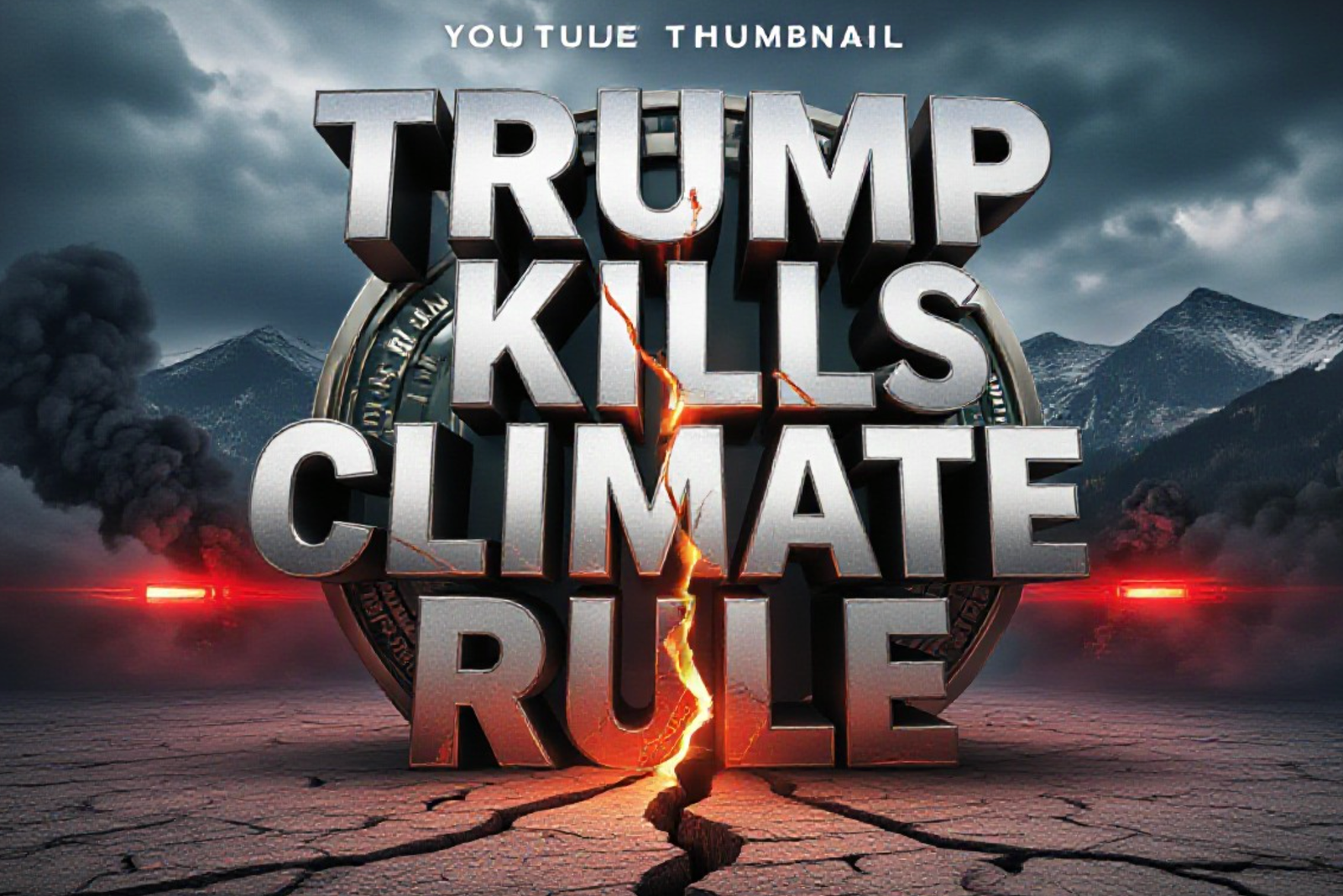A viral, hyper-realistic YouTube thumbnail with a dramatic political protest atmosphere. The background is a stormy Colorado Rocky Mountains skyline mixed with thick black exhaust smoke billowing across the frame with intense red-orange emergency lighting. The composition uses a low dramatic angle to focus on the main subject: a massive cracked EPA seal emblem splitting in half on cracked dry earth. The image features massive 3D typography with strict hierarchy: The Primary Text reads exactly: 'TRUMP KILLS CLIMATE RULE'. This text is massive, the largest element in the frame, rendered in molten chrome with glowing red cracks to look like a high-budget 3D render. The Secondary Text reads exactly: 'COLORADO FIGHTS BACK'. This text is significantly smaller, positioned below the main text. It features a thick white border with electric blue glow outline to contrast against the background. Make sure text 2 is always different theme, style, effect and border compared to text 1. The text materials correspond to the story's concept. Crucial Instruction: There is absolutely NO other text, numbers, watermarks, or subtitles in this image other than these two specific lines. 8k, Unreal Engine 5, cinematic render