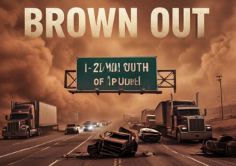 A viral, hyper-realistic YouTube thumbnail with a dramatic dusty apocalypse atmosphere. The background is a massive swirling wall of reddish-brown dust completely engulfing Interstate 25 with twisted semi trucks and cars piled up in chaos and emergency lights cutting through the haze. The composition uses a dramatic low-angle shot to focus on the main subject: a crumpled highway sign that reads "I-25 South of Pueblo". The image features massive 3D typography with strict hierarchy: The Primary Text reads exactly: "BROWN OUT DISASTER". This text is massive, the largest element in the frame, rendered in burning hot orange chrome with flying dust particles to look like a high-budget 3D render. The Secondary Text reads exactly: "4 DEAD 29 HURT". This text is significantly smaller, positioned below the main text. It features a thick white glow border with red outline sticker style to contrast against the dust storm. Make sure text 2 is always different theme, style, effect and border compared to text 1. The text materials correspond to the story's concept. Crucial Instruction: There is absolutely NO other text, numbers, watermarks, or subtitles in this image other than these two specific lines. 8k, Unreal Engine 5, cinematic render.