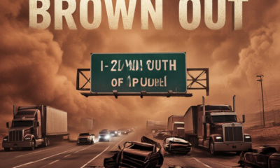 A viral, hyper-realistic YouTube thumbnail with a dramatic dusty apocalypse atmosphere. The background is a massive swirling wall of reddish-brown dust completely engulfing Interstate 25 with twisted semi trucks and cars piled up in chaos and emergency lights cutting through the haze. The composition uses a dramatic low-angle shot to focus on the main subject: a crumpled highway sign that reads "I-25 South of Pueblo". The image features massive 3D typography with strict hierarchy: The Primary Text reads exactly: "BROWN OUT DISASTER". This text is massive, the largest element in the frame, rendered in burning hot orange chrome with flying dust particles to look like a high-budget 3D render. The Secondary Text reads exactly: "4 DEAD 29 HURT". This text is significantly smaller, positioned below the main text. It features a thick white glow border with red outline sticker style to contrast against the dust storm. Make sure text 2 is always different theme, style, effect and border compared to text 1. The text materials correspond to the story's concept. Crucial Instruction: There is absolutely NO other text, numbers, watermarks, or subtitles in this image other than these two specific lines. 8k, Unreal Engine 5, cinematic render.