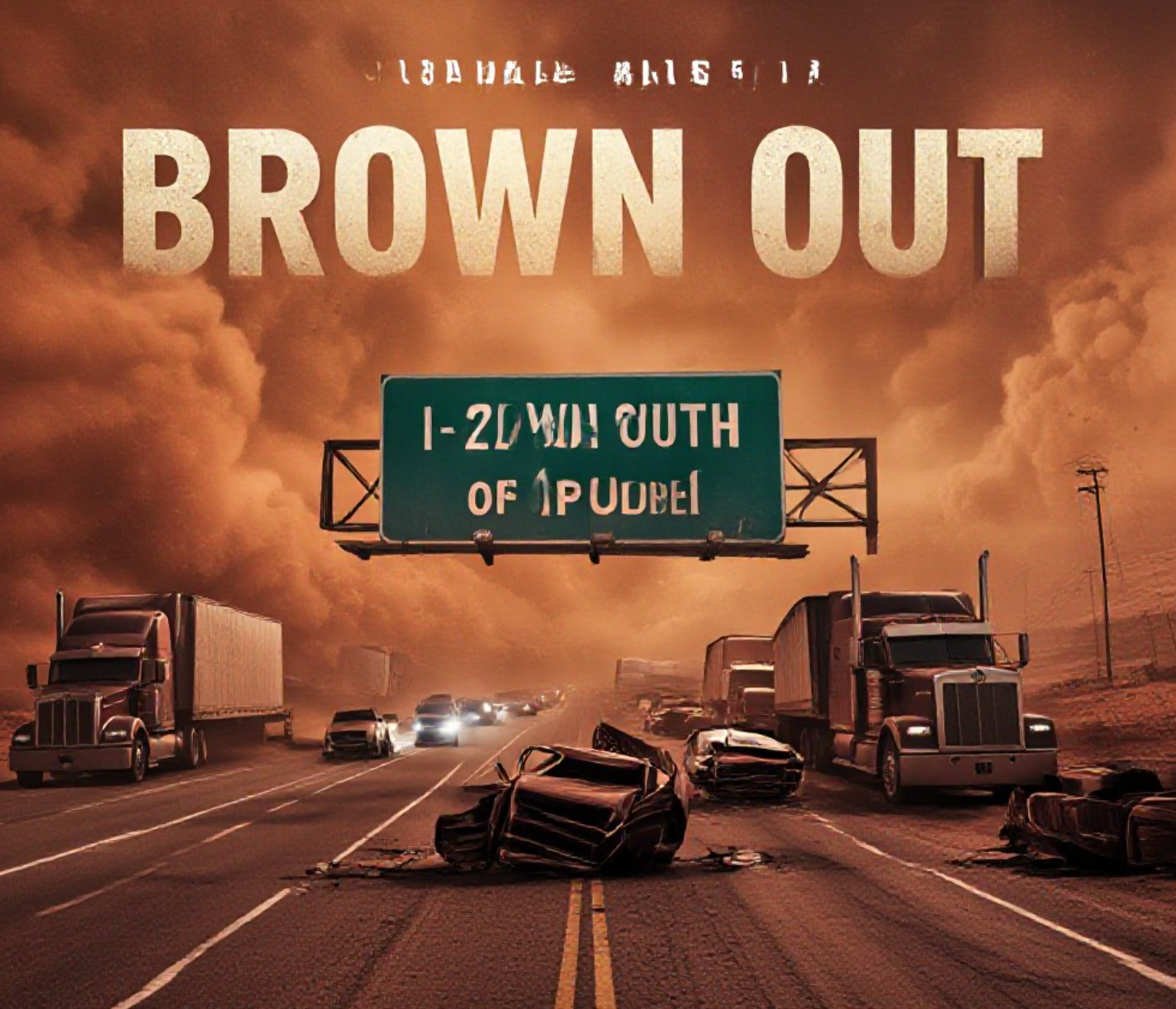 A viral, hyper-realistic YouTube thumbnail with a dramatic dusty apocalypse atmosphere. The background is a massive swirling wall of reddish-brown dust completely engulfing Interstate 25 with twisted semi trucks and cars piled up in chaos and emergency lights cutting through the haze. The composition uses a dramatic low-angle shot to focus on the main subject: a crumpled highway sign that reads "I-25 South of Pueblo". The image features massive 3D typography with strict hierarchy: The Primary Text reads exactly: "BROWN OUT DISASTER". This text is massive, the largest element in the frame, rendered in burning hot orange chrome with flying dust particles to look like a high-budget 3D render. The Secondary Text reads exactly: "4 DEAD 29 HURT". This text is significantly smaller, positioned below the main text. It features a thick white glow border with red outline sticker style to contrast against the dust storm. Make sure text 2 is always different theme, style, effect and border compared to text 1. The text materials correspond to the story's concept. Crucial Instruction: There is absolutely NO other text, numbers, watermarks, or subtitles in this image other than these two specific lines. 8k, Unreal Engine 5, cinematic render.