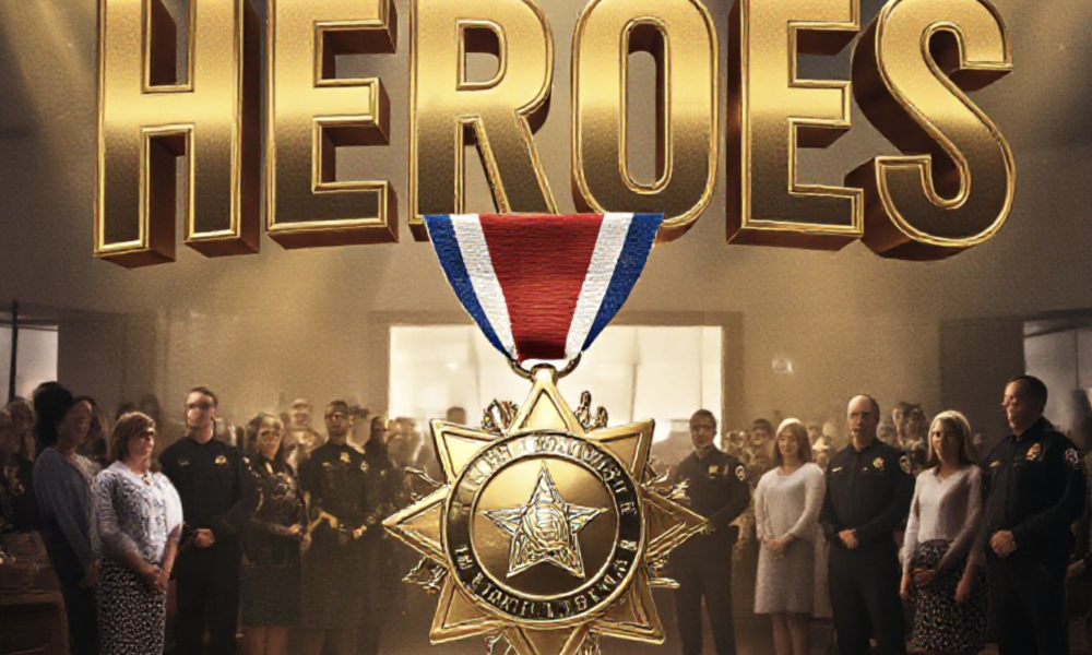A viral, hyper-realistic YouTube thumbnail with a dramatic cinematic atmosphere. The background is the packed Mesa County Sheriff's Office community room filled with warm spotlight beams cutting through light haze and proud families standing. The composition uses a powerful low-angle shot to focus on the main subject: a gleaming gold Medal of Valor and Distinguished Service medal hanging in mid-air as if just pinned. The image features massive 3D typography with strict hierarchy: The Primary Text reads exactly: 'HEROES'. This text is massive, the largest element in the frame, rendered in molten gold chrome with dramatic rim lighting to look like a high-budget 3D render. The Secondary Text reads exactly: 'SAVED LIVES'. This text is significantly smaller, positioned below the main text with a thick red-white-blue patriotic outline border in sticker style to contrast against the background. Make sure text 2 is always different theme, style, effect and border compared to text 1. The text materials correspond to the story's concept. Crucial Instruction: There is absolutely NO other text, numbers, watermarks, or subtitles in this image other than these two specific lines. 8k, Unreal Engine 5, cinematic render