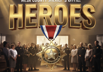 A viral, hyper-realistic YouTube thumbnail with a dramatic cinematic atmosphere. The background is the packed Mesa County Sheriff's Office community room filled with warm spotlight beams cutting through light haze and proud families standing. The composition uses a powerful low-angle shot to focus on the main subject: a gleaming gold Medal of Valor and Distinguished Service medal hanging in mid-air as if just pinned. The image features massive 3D typography with strict hierarchy: The Primary Text reads exactly: 'HEROES'. This text is massive, the largest element in the frame, rendered in molten gold chrome with dramatic rim lighting to look like a high-budget 3D render. The Secondary Text reads exactly: 'SAVED LIVES'. This text is significantly smaller, positioned below the main text with a thick red-white-blue patriotic outline border in sticker style to contrast against the background. Make sure text 2 is always different theme, style, effect and border compared to text 1. The text materials correspond to the story's concept. Crucial Instruction: There is absolutely NO other text, numbers, watermarks, or subtitles in this image other than these two specific lines. 8k, Unreal Engine 5, cinematic render