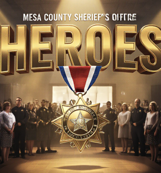 A viral, hyper-realistic YouTube thumbnail with a dramatic cinematic atmosphere. The background is the packed Mesa County Sheriff's Office community room filled with warm spotlight beams cutting through light haze and proud families standing. The composition uses a powerful low-angle shot to focus on the main subject: a gleaming gold Medal of Valor and Distinguished Service medal hanging in mid-air as if just pinned. The image features massive 3D typography with strict hierarchy: The Primary Text reads exactly: 'HEROES'. This text is massive, the largest element in the frame, rendered in molten gold chrome with dramatic rim lighting to look like a high-budget 3D render. The Secondary Text reads exactly: 'SAVED LIVES'. This text is significantly smaller, positioned below the main text with a thick red-white-blue patriotic outline border in sticker style to contrast against the background. Make sure text 2 is always different theme, style, effect and border compared to text 1. The text materials correspond to the story's concept. Crucial Instruction: There is absolutely NO other text, numbers, watermarks, or subtitles in this image other than these two specific lines. 8k, Unreal Engine 5, cinematic render