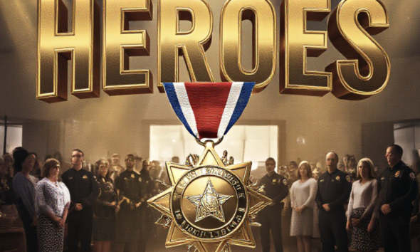A viral, hyper-realistic YouTube thumbnail with a dramatic cinematic atmosphere. The background is the packed Mesa County Sheriff's Office community room filled with warm spotlight beams cutting through light haze and proud families standing. The composition uses a powerful low-angle shot to focus on the main subject: a gleaming gold Medal of Valor and Distinguished Service medal hanging in mid-air as if just pinned. The image features massive 3D typography with strict hierarchy: The Primary Text reads exactly: 'HEROES'. This text is massive, the largest element in the frame, rendered in molten gold chrome with dramatic rim lighting to look like a high-budget 3D render. The Secondary Text reads exactly: 'SAVED LIVES'. This text is significantly smaller, positioned below the main text with a thick red-white-blue patriotic outline border in sticker style to contrast against the background. Make sure text 2 is always different theme, style, effect and border compared to text 1. The text materials correspond to the story's concept. Crucial Instruction: There is absolutely NO other text, numbers, watermarks, or subtitles in this image other than these two specific lines. 8k, Unreal Engine 5, cinematic render