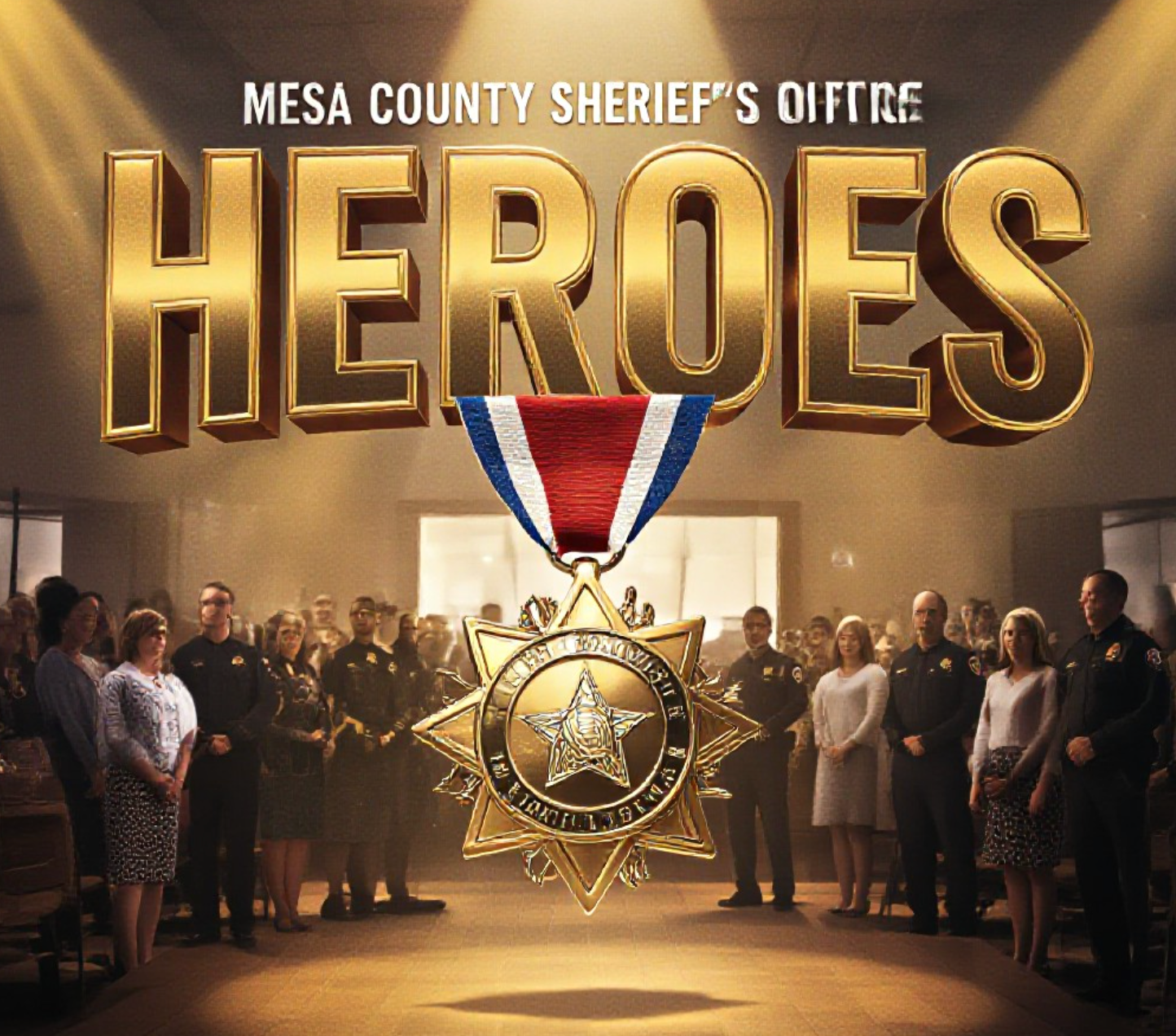A viral, hyper-realistic YouTube thumbnail with a dramatic cinematic atmosphere. The background is the packed Mesa County Sheriff's Office community room filled with warm spotlight beams cutting through light haze and proud families standing. The composition uses a powerful low-angle shot to focus on the main subject: a gleaming gold Medal of Valor and Distinguished Service medal hanging in mid-air as if just pinned. The image features massive 3D typography with strict hierarchy: The Primary Text reads exactly: 'HEROES'. This text is massive, the largest element in the frame, rendered in molten gold chrome with dramatic rim lighting to look like a high-budget 3D render. The Secondary Text reads exactly: 'SAVED LIVES'. This text is significantly smaller, positioned below the main text with a thick red-white-blue patriotic outline border in sticker style to contrast against the background. Make sure text 2 is always different theme, style, effect and border compared to text 1. The text materials correspond to the story's concept. Crucial Instruction: There is absolutely NO other text, numbers, watermarks, or subtitles in this image other than these two specific lines. 8k, Unreal Engine 5, cinematic render