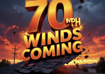 A viral, hyper-realistic YouTube thumbnail with a dramatic storm-red and deep orange atmosphere. The background is a violent Colorado sunset sky over Grand Junction with dark storm clouds racing in and power lines whipping wildly. The composition uses a low dramatic angle to focus on the main subject: a large section of asphalt shingles violently peeling off a residential roof in mid-air. The image features massive 3D typography with strict hierarchy: The Primary Text reads exactly: '70 MPH WINDS COMING'. This text is massive, the largest element in the frame, rendered in glowing molten orange chrome with flying debris particles to look like a high-budget 3D render. The Secondary Text reads exactly: 'SAVE YOUR ROOF NOW'. This text is significantly smaller, positioned below the main text. It features a thick white border with red glow outline to contrast against the stormy sky. Make sure text 2 is always different theme, style, effect and border compared to text 1. The text materials correspond to the story's concept. Crucial Instruction: There is absolutely NO other text, numbers, watermarks, or subtitles in this image other than these two specific lines. 8k, Unreal Engine 5, cinematic render