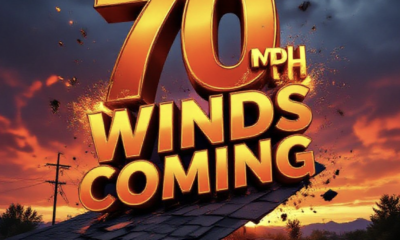 A viral, hyper-realistic YouTube thumbnail with a dramatic storm-red and deep orange atmosphere. The background is a violent Colorado sunset sky over Grand Junction with dark storm clouds racing in and power lines whipping wildly. The composition uses a low dramatic angle to focus on the main subject: a large section of asphalt shingles violently peeling off a residential roof in mid-air. The image features massive 3D typography with strict hierarchy: The Primary Text reads exactly: '70 MPH WINDS COMING'. This text is massive, the largest element in the frame, rendered in glowing molten orange chrome with flying debris particles to look like a high-budget 3D render. The Secondary Text reads exactly: 'SAVE YOUR ROOF NOW'. This text is significantly smaller, positioned below the main text. It features a thick white border with red glow outline to contrast against the stormy sky. Make sure text 2 is always different theme, style, effect and border compared to text 1. The text materials correspond to the story's concept. Crucial Instruction: There is absolutely NO other text, numbers, watermarks, or subtitles in this image other than these two specific lines. 8k, Unreal Engine 5, cinematic render