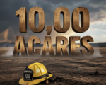A viral, hyper-realistic YouTube thumbnail with a Crisis News atmosphere. The background is a vast, charred Colorado prairie landscape with smoldering smoke and dramatic storm clouds clearing in the distance with Cinematic Lighting. The composition uses a Low Angle to focus on the main subject: a weathered, dirty Yellow Firefighter Helmet resting on the ground. The image features massive 3D typography with strict hierarchy: The Primary Text reads exactly: '10,000 ACRES'. This text is massive, the largest element in the frame, rendered in Charred Wood and Ember texture to look like a high-budget 3D render. The Secondary Text reads exactly: 'CONTAINED'. This text is significantly smaller, positioned below or next to the main text. It features a thick, distinct Neon Green border/outline (sticker style) to contrast against the background. Make sure text 2 is always different theme, style, effect and border compared to text 1.