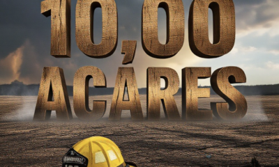 A viral, hyper-realistic YouTube thumbnail with a Crisis News atmosphere. The background is a vast, charred Colorado prairie landscape with smoldering smoke and dramatic storm clouds clearing in the distance with Cinematic Lighting. The composition uses a Low Angle to focus on the main subject: a weathered, dirty Yellow Firefighter Helmet resting on the ground. The image features massive 3D typography with strict hierarchy: The Primary Text reads exactly: '10,000 ACRES'. This text is massive, the largest element in the frame, rendered in Charred Wood and Ember texture to look like a high-budget 3D render. The Secondary Text reads exactly: 'CONTAINED'. This text is significantly smaller, positioned below or next to the main text. It features a thick, distinct Neon Green border/outline (sticker style) to contrast against the background. Make sure text 2 is always different theme, style, effect and border compared to text 1.