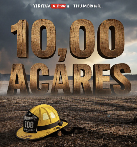 A viral, hyper-realistic YouTube thumbnail with a Crisis News atmosphere. The background is a vast, charred Colorado prairie landscape with smoldering smoke and dramatic storm clouds clearing in the distance with Cinematic Lighting. The composition uses a Low Angle to focus on the main subject: a weathered, dirty Yellow Firefighter Helmet resting on the ground. The image features massive 3D typography with strict hierarchy: The Primary Text reads exactly: '10,000 ACRES'. This text is massive, the largest element in the frame, rendered in Charred Wood and Ember texture to look like a high-budget 3D render. The Secondary Text reads exactly: 'CONTAINED'. This text is significantly smaller, positioned below or next to the main text. It features a thick, distinct Neon Green border/outline (sticker style) to contrast against the background. Make sure text 2 is always different theme, style, effect and border compared to text 1.