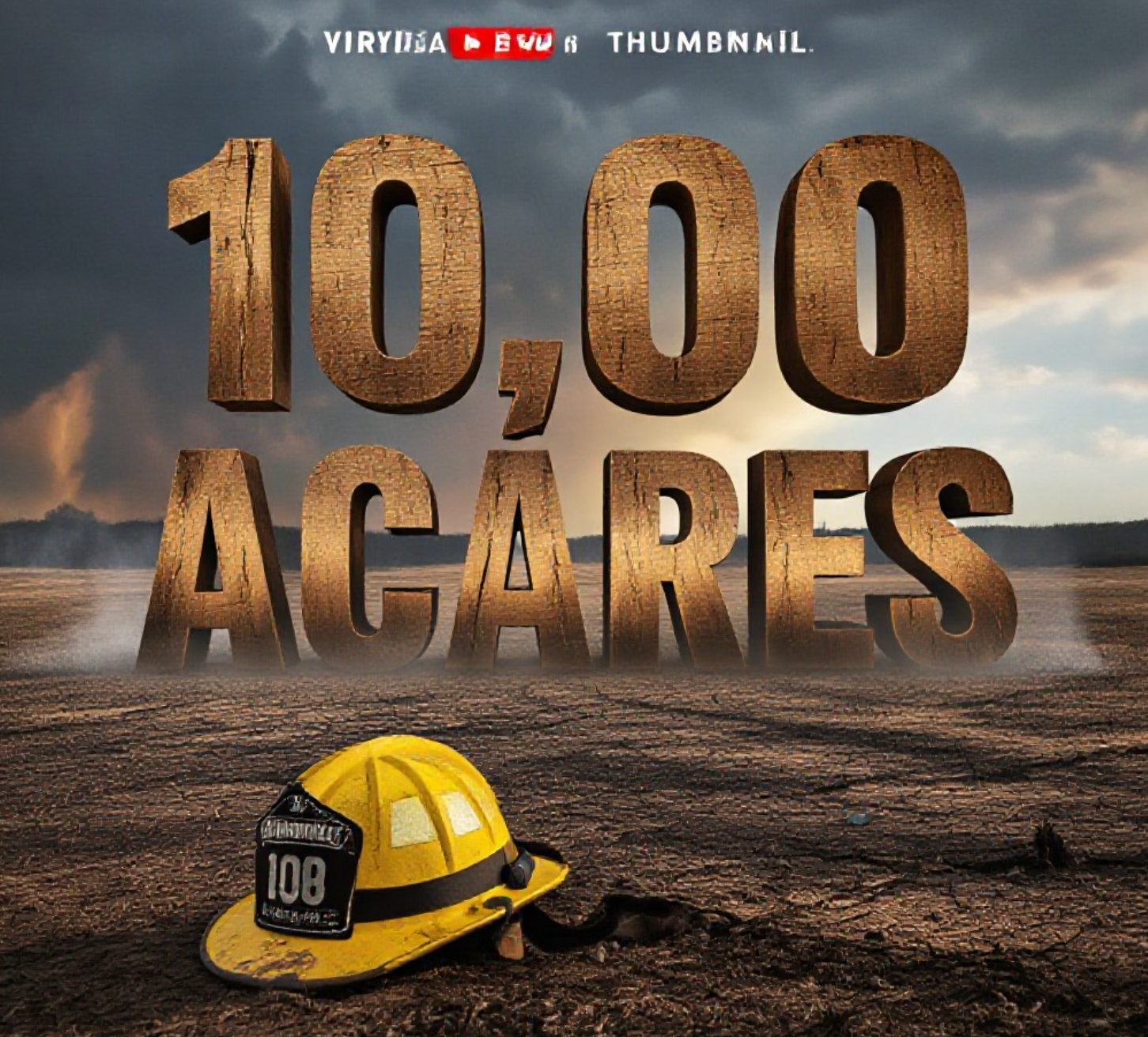 A viral, hyper-realistic YouTube thumbnail with a Crisis News atmosphere. The background is a vast, charred Colorado prairie landscape with smoldering smoke and dramatic storm clouds clearing in the distance with Cinematic Lighting. The composition uses a Low Angle to focus on the main subject: a weathered, dirty Yellow Firefighter Helmet resting on the ground. The image features massive 3D typography with strict hierarchy: The Primary Text reads exactly: '10,000 ACRES'. This text is massive, the largest element in the frame, rendered in Charred Wood and Ember texture to look like a high-budget 3D render. The Secondary Text reads exactly: 'CONTAINED'. This text is significantly smaller, positioned below or next to the main text. It features a thick, distinct Neon Green border/outline (sticker style) to contrast against the background. Make sure text 2 is always different theme, style, effect and border compared to text 1.
