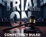 A viral, hyper-realistic YouTube thumbnail with a Crime/Legal atmosphere. The background is a blurred, high-contrast interior of a modern courtroom with dramatic shadows. The composition uses a Low Angle to focus on the main subject: a detailed 3D Gavel resting on a wooden surface. The image features massive 3D typography with strict hierarchy: The Primary Text reads exactly: 'TRIAL ON'. This text is massive, the largest element in the frame, rendered in Chrome to look like a high-budget 3D render. The Secondary Text reads exactly: 'COMPETENCY RULED'. This text is significantly smaller, positioned below or next to the main text. It features a thick, distinct color border/outline (sticker style) to contrast against the background. Make sure text 2 is always different theme, style, effect and border compared to text 1.