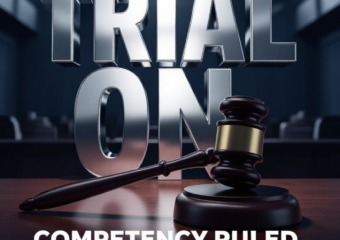 A viral, hyper-realistic YouTube thumbnail with a Crime/Legal atmosphere. The background is a blurred, high-contrast interior of a modern courtroom with dramatic shadows. The composition uses a Low Angle to focus on the main subject: a detailed 3D Gavel resting on a wooden surface. The image features massive 3D typography with strict hierarchy: The Primary Text reads exactly: 'TRIAL ON'. This text is massive, the largest element in the frame, rendered in Chrome to look like a high-budget 3D render. The Secondary Text reads exactly: 'COMPETENCY RULED'. This text is significantly smaller, positioned below or next to the main text. It features a thick, distinct color border/outline (sticker style) to contrast against the background. Make sure text 2 is always different theme, style, effect and border compared to text 1.