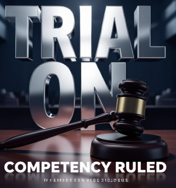 A viral, hyper-realistic YouTube thumbnail with a Crime/Legal atmosphere. The background is a blurred, high-contrast interior of a modern courtroom with dramatic shadows. The composition uses a Low Angle to focus on the main subject: a detailed 3D Gavel resting on a wooden surface. The image features massive 3D typography with strict hierarchy: The Primary Text reads exactly: 'TRIAL ON'. This text is massive, the largest element in the frame, rendered in Chrome to look like a high-budget 3D render. The Secondary Text reads exactly: 'COMPETENCY RULED'. This text is significantly smaller, positioned below or next to the main text. It features a thick, distinct color border/outline (sticker style) to contrast against the background. Make sure text 2 is always different theme, style, effect and border compared to text 1.