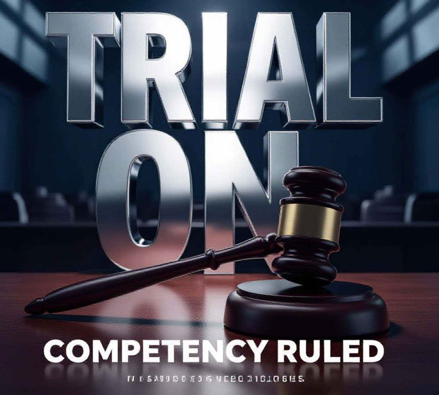 A viral, hyper-realistic YouTube thumbnail with a Crime/Legal atmosphere. The background is a blurred, high-contrast interior of a modern courtroom with dramatic shadows. The composition uses a Low Angle to focus on the main subject: a detailed 3D Gavel resting on a wooden surface. The image features massive 3D typography with strict hierarchy: The Primary Text reads exactly: 'TRIAL ON'. This text is massive, the largest element in the frame, rendered in Chrome to look like a high-budget 3D render. The Secondary Text reads exactly: 'COMPETENCY RULED'. This text is significantly smaller, positioned below or next to the main text. It features a thick, distinct color border/outline (sticker style) to contrast against the background. Make sure text 2 is always different theme, style, effect and border compared to text 1.