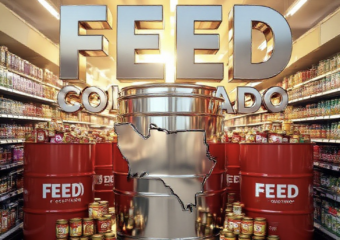 A viral, hyper-realistic YouTube thumbnail with a warm, hopeful community atmosphere. The background is a Colorado grocery store aisle at golden hour with soft sunbeams cutting through, filled with bright red Feed Colorado donation barrels overflowing with canned goods and peanut butter jars. The composition uses a dramatic low-angle shot looking up to focus on the main subject: a massive, gleaming chrome 3D barrel shaped like the Colorado state outline. The image features massive 3D typography with strict hierarchy: The Primary Text reads exactly: 'FEED COLORADO'. This text is massive, the largest element in the frame, rendered in polished chrome with subtle Colorado flag colors reflecting on the surface to look like a high-budget 3D render. The Secondary Text reads exactly: 'STATEWIDE 2026'. This text is significantly smaller, positioned below the main text with a thick white outline and red drop shadow sticker style to pop against the background. The text materials correspond to the story's concept. Crucial Instruction: There is absolutely NO other text, numbers, watermarks, or subtitles in this image other than these two specific lines. 8k, Unreal Engine 5, cinematic render