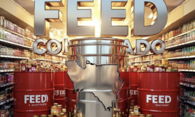 A viral, hyper-realistic YouTube thumbnail with a warm, hopeful community atmosphere. The background is a Colorado grocery store aisle at golden hour with soft sunbeams cutting through, filled with bright red Feed Colorado donation barrels overflowing with canned goods and peanut butter jars. The composition uses a dramatic low-angle shot looking up to focus on the main subject: a massive, gleaming chrome 3D barrel shaped like the Colorado state outline. The image features massive 3D typography with strict hierarchy: The Primary Text reads exactly: 'FEED COLORADO'. This text is massive, the largest element in the frame, rendered in polished chrome with subtle Colorado flag colors reflecting on the surface to look like a high-budget 3D render. The Secondary Text reads exactly: 'STATEWIDE 2026'. This text is significantly smaller, positioned below the main text with a thick white outline and red drop shadow sticker style to pop against the background. The text materials correspond to the story's concept. Crucial Instruction: There is absolutely NO other text, numbers, watermarks, or subtitles in this image other than these two specific lines. 8k, Unreal Engine 5, cinematic render