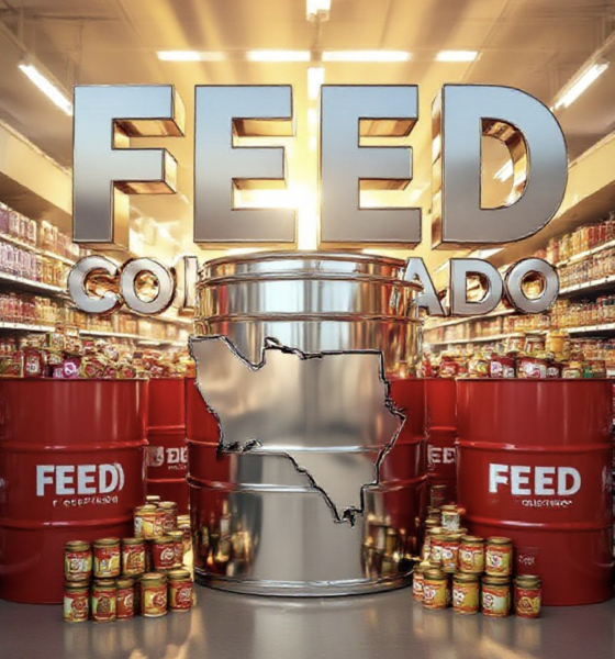 A viral, hyper-realistic YouTube thumbnail with a warm, hopeful community atmosphere. The background is a Colorado grocery store aisle at golden hour with soft sunbeams cutting through, filled with bright red Feed Colorado donation barrels overflowing with canned goods and peanut butter jars. The composition uses a dramatic low-angle shot looking up to focus on the main subject: a massive, gleaming chrome 3D barrel shaped like the Colorado state outline. The image features massive 3D typography with strict hierarchy: The Primary Text reads exactly: 'FEED COLORADO'. This text is massive, the largest element in the frame, rendered in polished chrome with subtle Colorado flag colors reflecting on the surface to look like a high-budget 3D render. The Secondary Text reads exactly: 'STATEWIDE 2026'. This text is significantly smaller, positioned below the main text with a thick white outline and red drop shadow sticker style to pop against the background. The text materials correspond to the story's concept. Crucial Instruction: There is absolutely NO other text, numbers, watermarks, or subtitles in this image other than these two specific lines. 8k, Unreal Engine 5, cinematic render