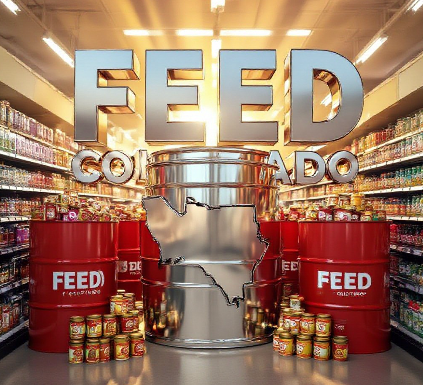 A viral, hyper-realistic YouTube thumbnail with a warm, hopeful community atmosphere. The background is a Colorado grocery store aisle at golden hour with soft sunbeams cutting through, filled with bright red Feed Colorado donation barrels overflowing with canned goods and peanut butter jars. The composition uses a dramatic low-angle shot looking up to focus on the main subject: a massive, gleaming chrome 3D barrel shaped like the Colorado state outline. The image features massive 3D typography with strict hierarchy: The Primary Text reads exactly: 'FEED COLORADO'. This text is massive, the largest element in the frame, rendered in polished chrome with subtle Colorado flag colors reflecting on the surface to look like a high-budget 3D render. The Secondary Text reads exactly: 'STATEWIDE 2026'. This text is significantly smaller, positioned below the main text with a thick white outline and red drop shadow sticker style to pop against the background. The text materials correspond to the story's concept. Crucial Instruction: There is absolutely NO other text, numbers, watermarks, or subtitles in this image other than these two specific lines. 8k, Unreal Engine 5, cinematic render