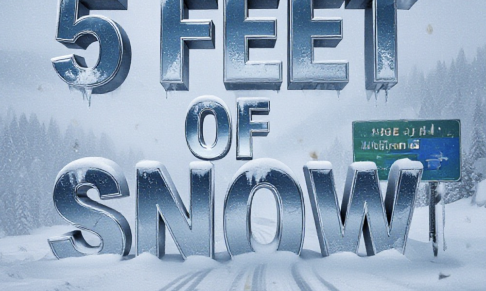 A viral, hyper-realistic YouTube thumbnail with a dramatic winter storm atmosphere. The background is a blinding whiteout blizzard on Wolf Creek Pass with swirling heavy snow and zero visibility. The composition uses a low-angle dramatic shot to focus on the main subject: a buried Colorado highway sign barely visible in the storm. The image features massive 3D typography with strict hierarchy: The Primary Text reads exactly: '5 FEET OF SNOW'. This text is massive, the largest element in the frame, rendered in icy blue chrome with frost and snow accumulation to look like a high-budget 3D render. The Secondary Text reads exactly: 'Colorado Blizzard Chaos'. This text is significantly smaller, positioned below the main text. It features a thick, glowing red border/outline to contrast against the whiteout background. Make sure text 2 is always different theme, style, effect and border compared to text 1. The text materials correspond to the story's concept. Crucial Instruction: There is absolutely NO other text, numbers, watermarks, or subtitles in this image other than these two specific lines. 8k, Unreal Engine 5, cinematic render