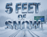 A viral, hyper-realistic YouTube thumbnail with a dramatic winter storm atmosphere. The background is a blinding whiteout blizzard on Wolf Creek Pass with swirling heavy snow and zero visibility. The composition uses a low-angle dramatic shot to focus on the main subject: a buried Colorado highway sign barely visible in the storm. The image features massive 3D typography with strict hierarchy: The Primary Text reads exactly: '5 FEET OF SNOW'. This text is massive, the largest element in the frame, rendered in icy blue chrome with frost and snow accumulation to look like a high-budget 3D render. The Secondary Text reads exactly: 'Colorado Blizzard Chaos'. This text is significantly smaller, positioned below the main text. It features a thick, glowing red border/outline to contrast against the whiteout background. Make sure text 2 is always different theme, style, effect and border compared to text 1. The text materials correspond to the story's concept. Crucial Instruction: There is absolutely NO other text, numbers, watermarks, or subtitles in this image other than these two specific lines. 8k, Unreal Engine 5, cinematic render