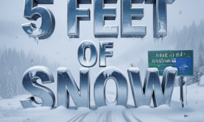 A viral, hyper-realistic YouTube thumbnail with a dramatic winter storm atmosphere. The background is a blinding whiteout blizzard on Wolf Creek Pass with swirling heavy snow and zero visibility. The composition uses a low-angle dramatic shot to focus on the main subject: a buried Colorado highway sign barely visible in the storm. The image features massive 3D typography with strict hierarchy: The Primary Text reads exactly: '5 FEET OF SNOW'. This text is massive, the largest element in the frame, rendered in icy blue chrome with frost and snow accumulation to look like a high-budget 3D render. The Secondary Text reads exactly: 'Colorado Blizzard Chaos'. This text is significantly smaller, positioned below the main text. It features a thick, glowing red border/outline to contrast against the whiteout background. Make sure text 2 is always different theme, style, effect and border compared to text 1. The text materials correspond to the story's concept. Crucial Instruction: There is absolutely NO other text, numbers, watermarks, or subtitles in this image other than these two specific lines. 8k, Unreal Engine 5, cinematic render