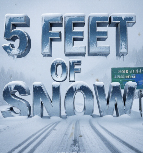 A viral, hyper-realistic YouTube thumbnail with a dramatic winter storm atmosphere. The background is a blinding whiteout blizzard on Wolf Creek Pass with swirling heavy snow and zero visibility. The composition uses a low-angle dramatic shot to focus on the main subject: a buried Colorado highway sign barely visible in the storm. The image features massive 3D typography with strict hierarchy: The Primary Text reads exactly: '5 FEET OF SNOW'. This text is massive, the largest element in the frame, rendered in icy blue chrome with frost and snow accumulation to look like a high-budget 3D render. The Secondary Text reads exactly: 'Colorado Blizzard Chaos'. This text is significantly smaller, positioned below the main text. It features a thick, glowing red border/outline to contrast against the whiteout background. Make sure text 2 is always different theme, style, effect and border compared to text 1. The text materials correspond to the story's concept. Crucial Instruction: There is absolutely NO other text, numbers, watermarks, or subtitles in this image other than these two specific lines. 8k, Unreal Engine 5, cinematic render