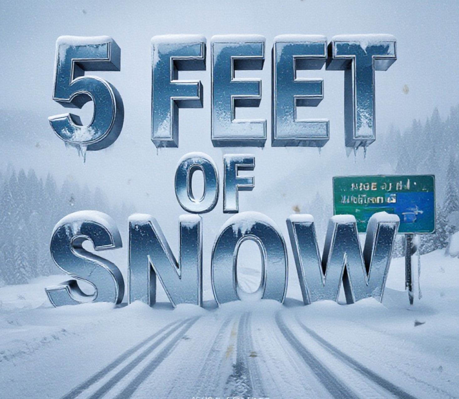 A viral, hyper-realistic YouTube thumbnail with a dramatic winter storm atmosphere. The background is a blinding whiteout blizzard on Wolf Creek Pass with swirling heavy snow and zero visibility. The composition uses a low-angle dramatic shot to focus on the main subject: a buried Colorado highway sign barely visible in the storm. The image features massive 3D typography with strict hierarchy: The Primary Text reads exactly: '5 FEET OF SNOW'. This text is massive, the largest element in the frame, rendered in icy blue chrome with frost and snow accumulation to look like a high-budget 3D render. The Secondary Text reads exactly: 'Colorado Blizzard Chaos'. This text is significantly smaller, positioned below the main text. It features a thick, glowing red border/outline to contrast against the whiteout background. Make sure text 2 is always different theme, style, effect and border compared to text 1. The text materials correspond to the story's concept. Crucial Instruction: There is absolutely NO other text, numbers, watermarks, or subtitles in this image other than these two specific lines. 8k, Unreal Engine 5, cinematic render