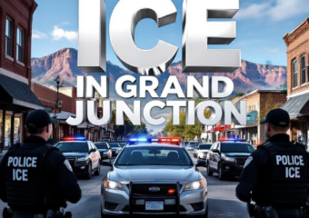A viral, hyper-realistic YouTube thumbnail with a tense urban law-enforcement atmosphere. The background is downtown Grand Junction Colorado at late morning with clear blue sky and red rock mountains faintly visible, busy small-city street with parked cars and storefronts. The composition uses a dramatic low-angle shot looking up at multiple black tactical vests that read POLICE ICE in large white letters surrounding a silver sedan pulled to the curb with unmarked SUVs behind it flashing red-blue lights. The image features massive 3D typography with strict hierarchy: The Primary Text reads exactly: 'ICE IN GRAND JUNCTION'. This text is massive, the largest element in the frame, rendered in cold chrome metal with realistic reflections and sharp edges like a high-budget 3D render. The Secondary Text reads exactly: 'FEDERAL AGENTS ON OUR STREETS'. This text is significantly smaller, positioned below the main text with thick red outline border sticker style and subtle motion blur effect. The text materials correspond to the story's concept. Crucial Instruction: There is absolutely NO other text, numbers, watermarks, or subtitles in this image other than these two specific lines. 8k, Unreal Engine 5, cinematic render.