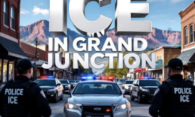 A viral, hyper-realistic YouTube thumbnail with a tense urban law-enforcement atmosphere. The background is downtown Grand Junction Colorado at late morning with clear blue sky and red rock mountains faintly visible, busy small-city street with parked cars and storefronts. The composition uses a dramatic low-angle shot looking up at multiple black tactical vests that read POLICE ICE in large white letters surrounding a silver sedan pulled to the curb with unmarked SUVs behind it flashing red-blue lights. The image features massive 3D typography with strict hierarchy: The Primary Text reads exactly: 'ICE IN GRAND JUNCTION'. This text is massive, the largest element in the frame, rendered in cold chrome metal with realistic reflections and sharp edges like a high-budget 3D render. The Secondary Text reads exactly: 'FEDERAL AGENTS ON OUR STREETS'. This text is significantly smaller, positioned below the main text with thick red outline border sticker style and subtle motion blur effect. The text materials correspond to the story's concept. Crucial Instruction: There is absolutely NO other text, numbers, watermarks, or subtitles in this image other than these two specific lines. 8k, Unreal Engine 5, cinematic render.