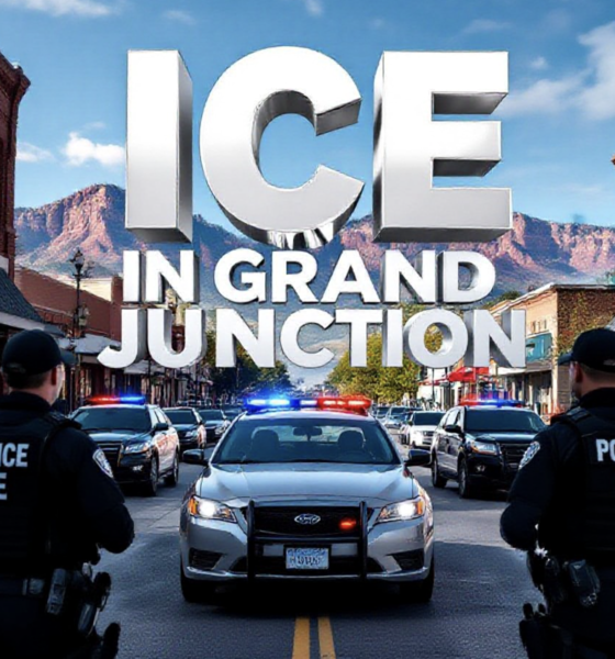 A viral, hyper-realistic YouTube thumbnail with a tense urban law-enforcement atmosphere. The background is downtown Grand Junction Colorado at late morning with clear blue sky and red rock mountains faintly visible, busy small-city street with parked cars and storefronts. The composition uses a dramatic low-angle shot looking up at multiple black tactical vests that read POLICE ICE in large white letters surrounding a silver sedan pulled to the curb with unmarked SUVs behind it flashing red-blue lights. The image features massive 3D typography with strict hierarchy: The Primary Text reads exactly: 'ICE IN GRAND JUNCTION'. This text is massive, the largest element in the frame, rendered in cold chrome metal with realistic reflections and sharp edges like a high-budget 3D render. The Secondary Text reads exactly: 'FEDERAL AGENTS ON OUR STREETS'. This text is significantly smaller, positioned below the main text with thick red outline border sticker style and subtle motion blur effect. The text materials correspond to the story's concept. Crucial Instruction: There is absolutely NO other text, numbers, watermarks, or subtitles in this image other than these two specific lines. 8k, Unreal Engine 5, cinematic render.