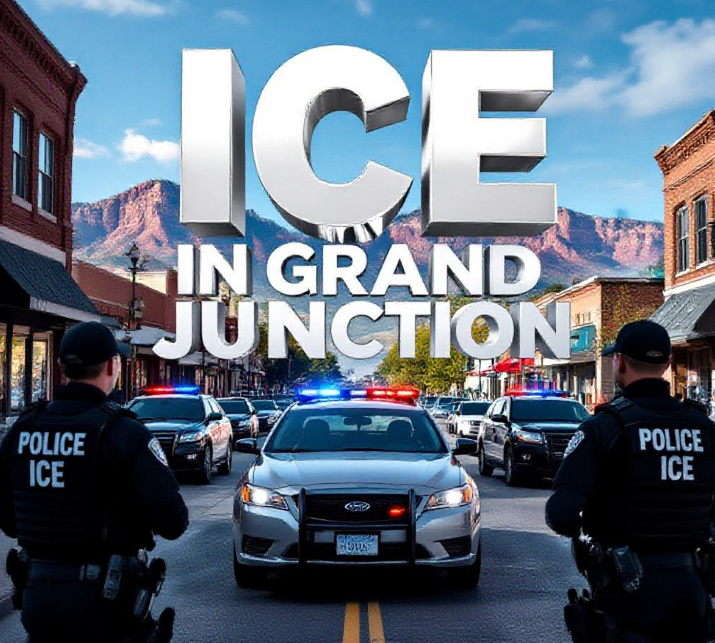 A viral, hyper-realistic YouTube thumbnail with a tense urban law-enforcement atmosphere. The background is downtown Grand Junction Colorado at late morning with clear blue sky and red rock mountains faintly visible, busy small-city street with parked cars and storefronts. The composition uses a dramatic low-angle shot looking up at multiple black tactical vests that read POLICE ICE in large white letters surrounding a silver sedan pulled to the curb with unmarked SUVs behind it flashing red-blue lights. The image features massive 3D typography with strict hierarchy: The Primary Text reads exactly: 'ICE IN GRAND JUNCTION'. This text is massive, the largest element in the frame, rendered in cold chrome metal with realistic reflections and sharp edges like a high-budget 3D render. The Secondary Text reads exactly: 'FEDERAL AGENTS ON OUR STREETS'. This text is significantly smaller, positioned below the main text with thick red outline border sticker style and subtle motion blur effect. The text materials correspond to the story's concept. Crucial Instruction: There is absolutely NO other text, numbers, watermarks, or subtitles in this image other than these two specific lines. 8k, Unreal Engine 5, cinematic render.