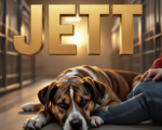 A viral, hyper-realistic YouTube thumbnail with a warm, heartfelt shelter atmosphere. The background is a softly lit kennel room at golden hour with gentle sunbeams cutting through the gates. The composition uses a low, intimate camera angle to focus on the main subject: a beautiful medium-sized brindle dog with velvet ears peacefully resting his head on a volunteer's knee. The image features massive 3D typography with strict hierarchy: The Primary Text reads exactly: 'JETT'. This text is massive, the largest element in the frame, rendered in warm brushed gold to look like a high-budget 3D render. The Secondary Text reads exactly: 'Waiting For You'. This text is significantly smaller, positioned below the main text. It features a thick white border with soft glow effect to contrast against the warm background. Make sure text 2 is always different theme, style, effect and border compared to text 1. The text materials correspond to the story's concept. Crucial Instruction: There is absolutely NO other text, numbers, watermarks, or subtitles in this image other than these two specific lines. 8k, Unreal Engine 5, cinematic render