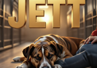 A viral, hyper-realistic YouTube thumbnail with a warm, heartfelt shelter atmosphere. The background is a softly lit kennel room at golden hour with gentle sunbeams cutting through the gates. The composition uses a low, intimate camera angle to focus on the main subject: a beautiful medium-sized brindle dog with velvet ears peacefully resting his head on a volunteer's knee. The image features massive 3D typography with strict hierarchy: The Primary Text reads exactly: 'JETT'. This text is massive, the largest element in the frame, rendered in warm brushed gold to look like a high-budget 3D render. The Secondary Text reads exactly: 'Waiting For You'. This text is significantly smaller, positioned below the main text. It features a thick white border with soft glow effect to contrast against the warm background. Make sure text 2 is always different theme, style, effect and border compared to text 1. The text materials correspond to the story's concept. Crucial Instruction: There is absolutely NO other text, numbers, watermarks, or subtitles in this image other than these two specific lines. 8k, Unreal Engine 5, cinematic render
