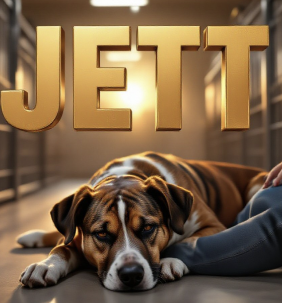 A viral, hyper-realistic YouTube thumbnail with a warm, heartfelt shelter atmosphere. The background is a softly lit kennel room at golden hour with gentle sunbeams cutting through the gates. The composition uses a low, intimate camera angle to focus on the main subject: a beautiful medium-sized brindle dog with velvet ears peacefully resting his head on a volunteer's knee. The image features massive 3D typography with strict hierarchy: The Primary Text reads exactly: 'JETT'. This text is massive, the largest element in the frame, rendered in warm brushed gold to look like a high-budget 3D render. The Secondary Text reads exactly: 'Waiting For You'. This text is significantly smaller, positioned below the main text. It features a thick white border with soft glow effect to contrast against the warm background. Make sure text 2 is always different theme, style, effect and border compared to text 1. The text materials correspond to the story's concept. Crucial Instruction: There is absolutely NO other text, numbers, watermarks, or subtitles in this image other than these two specific lines. 8k, Unreal Engine 5, cinematic render