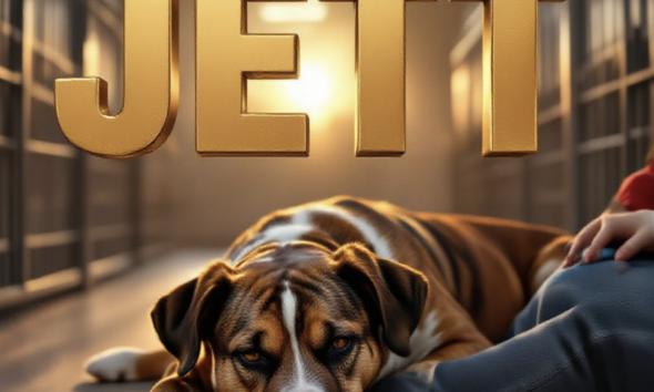 A viral, hyper-realistic YouTube thumbnail with a warm, heartfelt shelter atmosphere. The background is a softly lit kennel room at golden hour with gentle sunbeams cutting through the gates. The composition uses a low, intimate camera angle to focus on the main subject: a beautiful medium-sized brindle dog with velvet ears peacefully resting his head on a volunteer's knee. The image features massive 3D typography with strict hierarchy: The Primary Text reads exactly: 'JETT'. This text is massive, the largest element in the frame, rendered in warm brushed gold to look like a high-budget 3D render. The Secondary Text reads exactly: 'Waiting For You'. This text is significantly smaller, positioned below the main text. It features a thick white border with soft glow effect to contrast against the warm background. Make sure text 2 is always different theme, style, effect and border compared to text 1. The text materials correspond to the story's concept. Crucial Instruction: There is absolutely NO other text, numbers, watermarks, or subtitles in this image other than these two specific lines. 8k, Unreal Engine 5, cinematic render