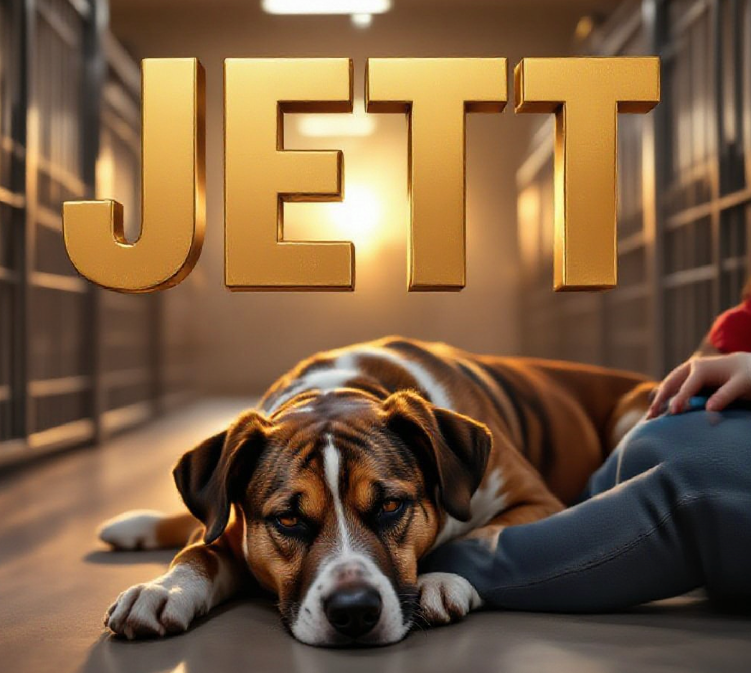 A viral, hyper-realistic YouTube thumbnail with a warm, heartfelt shelter atmosphere. The background is a softly lit kennel room at golden hour with gentle sunbeams cutting through the gates. The composition uses a low, intimate camera angle to focus on the main subject: a beautiful medium-sized brindle dog with velvet ears peacefully resting his head on a volunteer's knee. The image features massive 3D typography with strict hierarchy: The Primary Text reads exactly: 'JETT'. This text is massive, the largest element in the frame, rendered in warm brushed gold to look like a high-budget 3D render. The Secondary Text reads exactly: 'Waiting For You'. This text is significantly smaller, positioned below the main text. It features a thick white border with soft glow effect to contrast against the warm background. Make sure text 2 is always different theme, style, effect and border compared to text 1. The text materials correspond to the story's concept. Crucial Instruction: There is absolutely NO other text, numbers, watermarks, or subtitles in this image other than these two specific lines. 8k, Unreal Engine 5, cinematic render