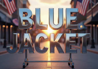 A viral, hyper-realistic YouTube thumbnail with a hopeful, warm community atmosphere. The background is a softly lit Fort Wayne street at golden hour with American flags waving gently. The composition uses a low-angle cinematic shot to focus on the main subject: a gleaming empty metal clothing rack dramatically spotlighted in the center. The image features massive 3D typography with strict hierarchy: The Primary Text reads exactly: 'BLUE JACKET'. This text is massive, the largest element in the frame, rendered in polished chrome with subtle blue glow to look like a high-budget 3D render. The Secondary Text reads exactly: 'NEEDS YOUR SUITS NOW'. This text is significantly smaller, positioned below the main text. It features a thick, urgent red border/outline (sticker style) to contrast against the background. Make sure text 2 is always different theme, style, effect and border compared to text 1. The text materials correspond to the story's concept. Crucial Instruction: There is absolutely NO other text, numbers, watermarks, or subtitles in this image other than these two specific lines. 8k, Unreal Engine 5, cinematic render